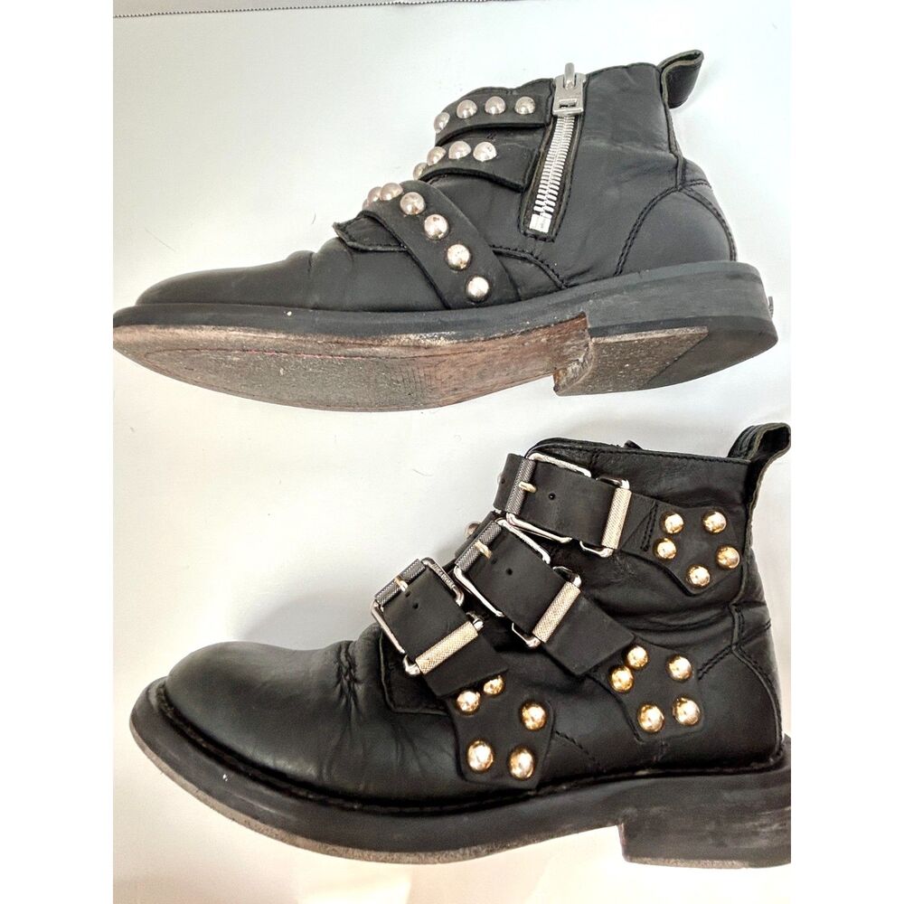 Zadig and Voltaire Laureen Studded Buckle Ankle Boots 7 Leather Black Goth Emo